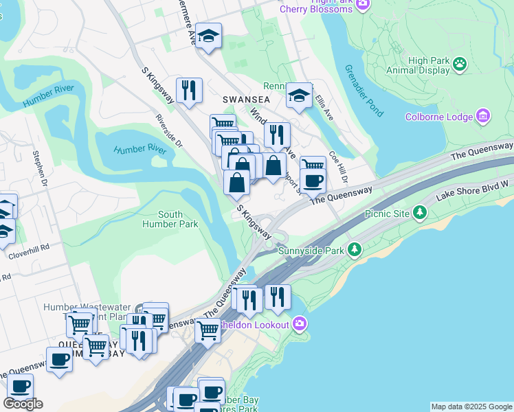 map of restaurants, bars, coffee shops, grocery stores, and more near 1 Ripley Avenue in Toronto