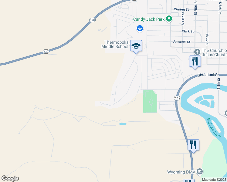 map of restaurants, bars, coffee shops, grocery stores, and more near 128 Mountain View Drive in Thermopolis