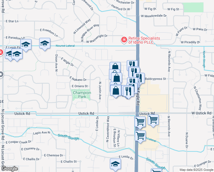 map of restaurants, bars, coffee shops, grocery stores, and more near 3494 North Justin Avenue in Meridian