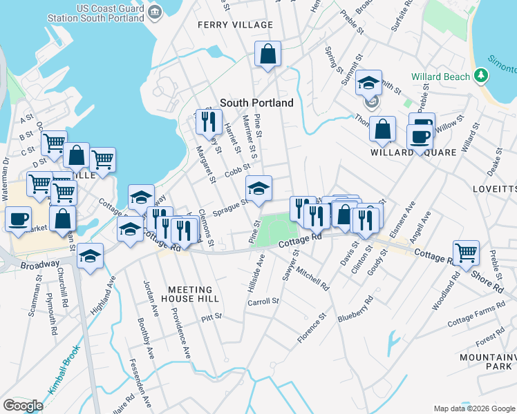 map of restaurants, bars, coffee shops, grocery stores, and more near 344 Pine Street in South Portland