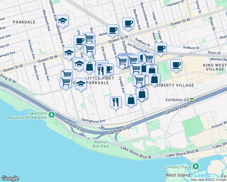 map of restaurants, bars, coffee shops, grocery stores, and more near 75 Spencer Avenue in Toronto