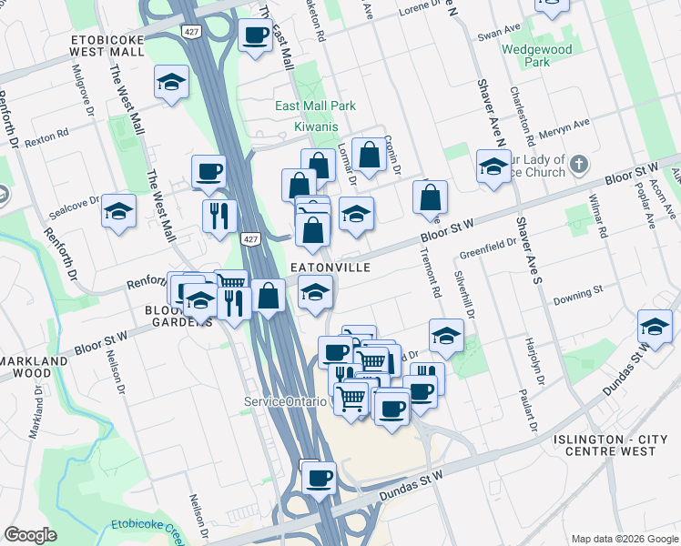 map of restaurants, bars, coffee shops, grocery stores, and more near 10 Vickson Court in Toronto