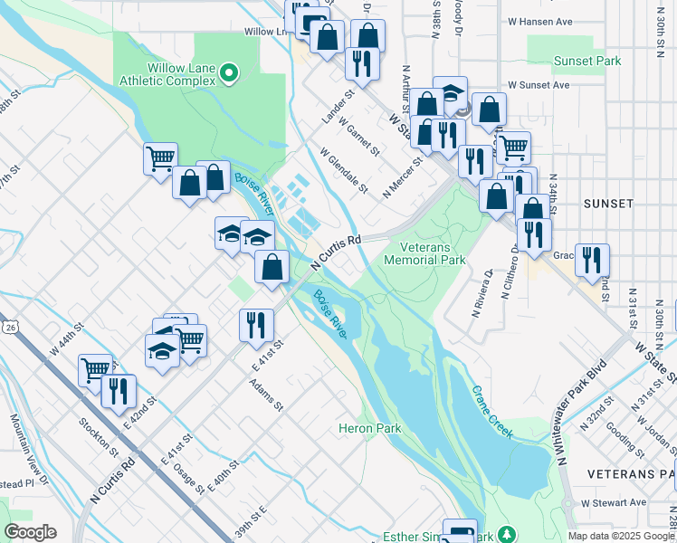 map of restaurants, bars, coffee shops, grocery stores, and more near 729 North Stilson Road in Boise