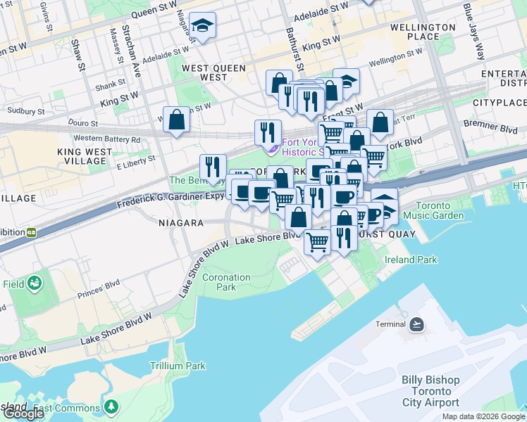 map of restaurants, bars, coffee shops, grocery stores, and more near 209 Fort York Boulevard in Toronto