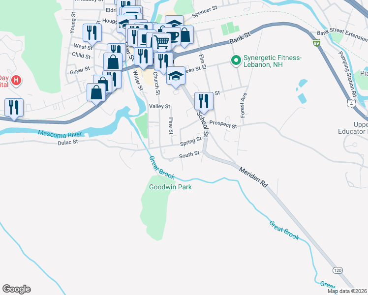 map of restaurants, bars, coffee shops, grocery stores, and more near 11 South Street in Lebanon