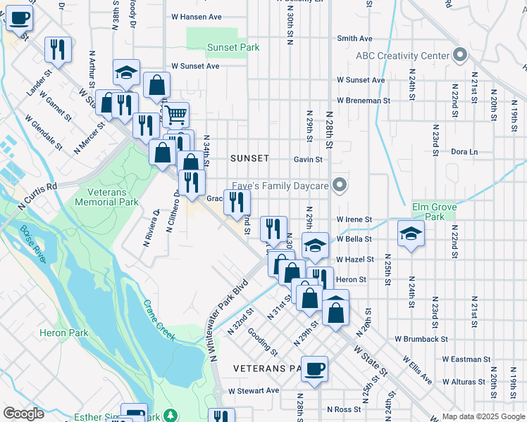 map of restaurants, bars, coffee shops, grocery stores, and more near 1809 North 31st Street in Boise