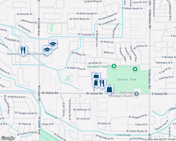 map of restaurants, bars, coffee shops, grocery stores, and more near 850 West Woodpine Street in Meridian
