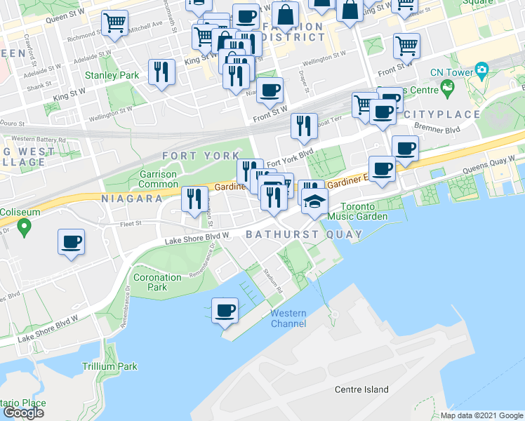 map of restaurants, bars, coffee shops, grocery stores, and more near 600 Fleet Street in Toronto