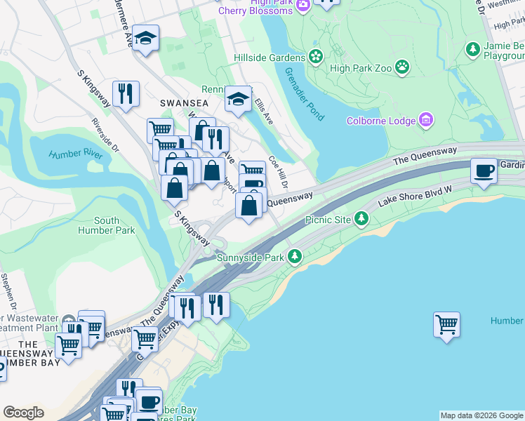 map of restaurants, bars, coffee shops, grocery stores, and more near 97 The Queensway in Toronto
