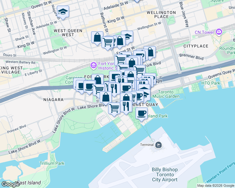 map of restaurants, bars, coffee shops, grocery stores, and more near 600 Fleet Street in Toronto