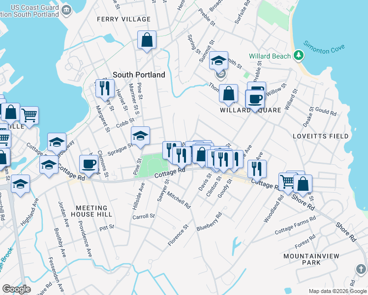 map of restaurants, bars, coffee shops, grocery stores, and more near 29 Vincent Street in South Portland