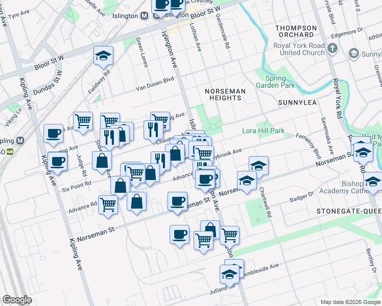 map of restaurants, bars, coffee shops, grocery stores, and more near in Toronto