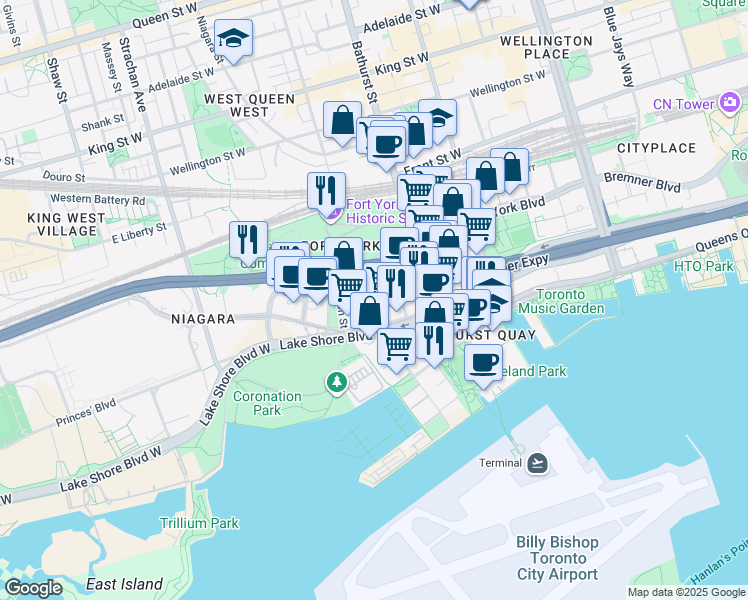 map of restaurants, bars, coffee shops, grocery stores, and more near 69 Grand Magazine Street in Toronto