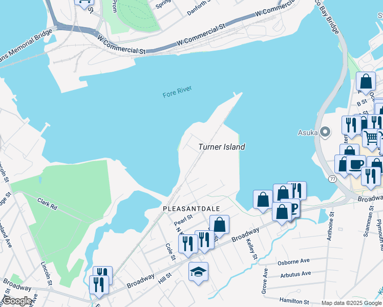 map of restaurants, bars, coffee shops, grocery stores, and more near 49 Elm Street in South Portland