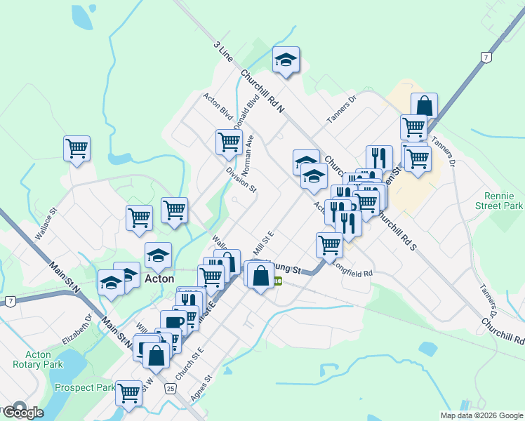 map of restaurants, bars, coffee shops, grocery stores, and more near 8 Rosemary Road in Acton