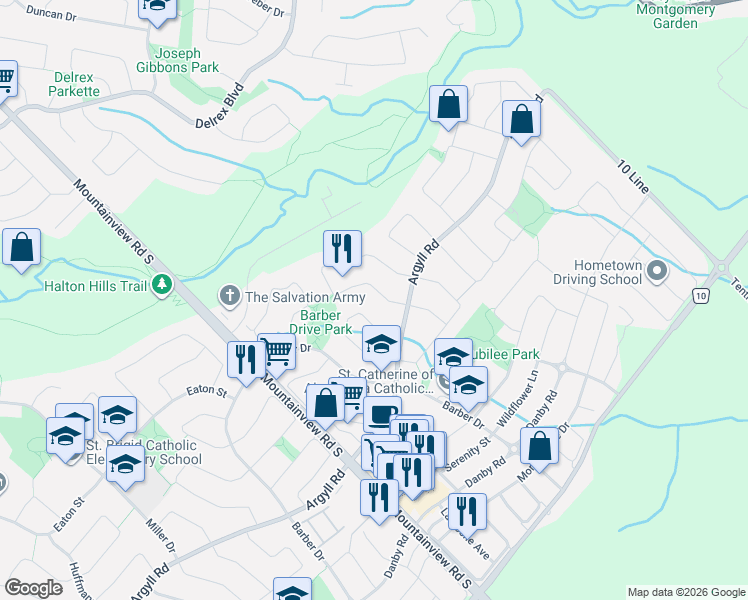 map of restaurants, bars, coffee shops, grocery stores, and more near 15 Samuel Crescent in Halton Hills