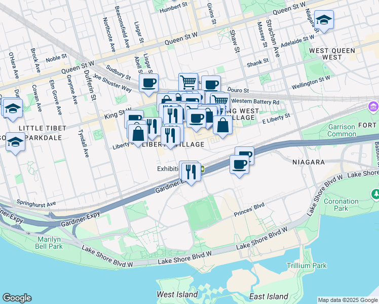 map of restaurants, bars, coffee shops, grocery stores, and more near 17 Atlantic Avenue in Toronto
