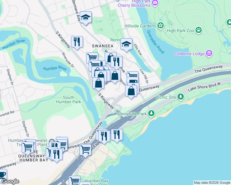 map of restaurants, bars, coffee shops, grocery stores, and more near 22 Southport Street in Toronto