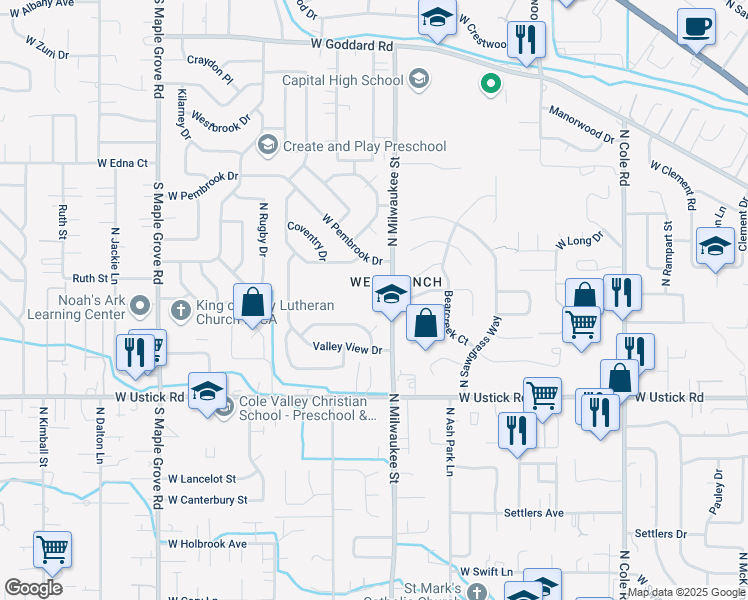 map of restaurants, bars, coffee shops, grocery stores, and more near 3555 North Milwaukee Street in Boise