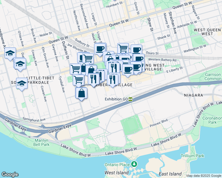 map of restaurants, bars, coffee shops, grocery stores, and more near 64 Jefferson Avenue in Toronto
