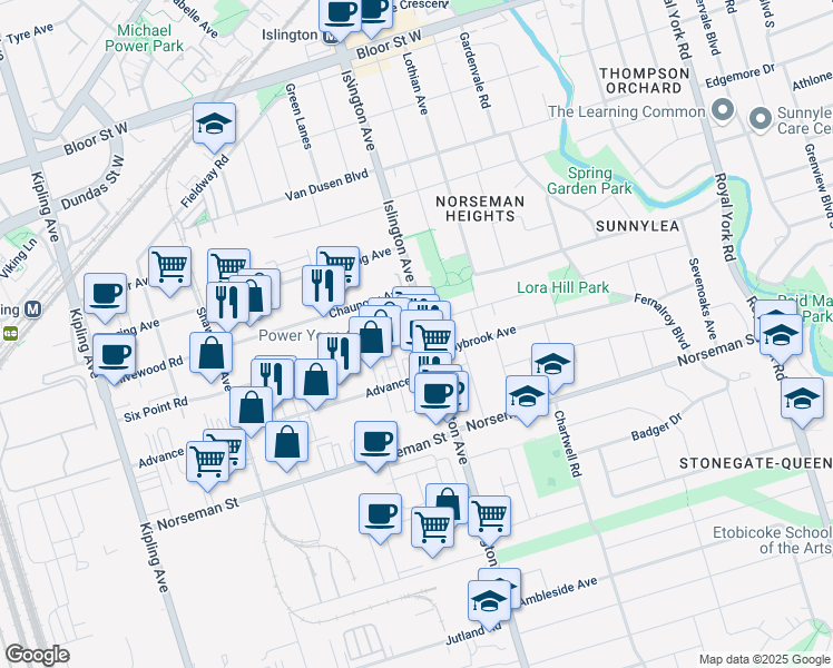 map of restaurants, bars, coffee shops, grocery stores, and more near 140 Six Point Road in Toronto