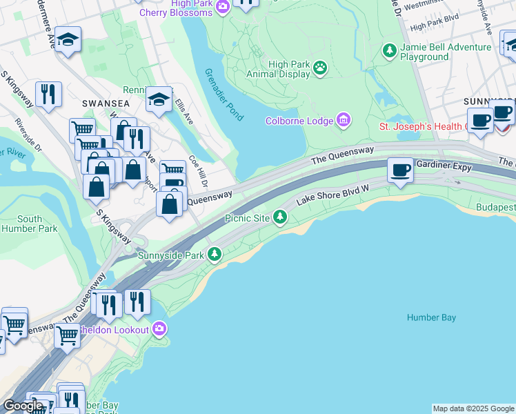 map of restaurants, bars, coffee shops, grocery stores, and more near 3 Ellis Avenue in Toronto