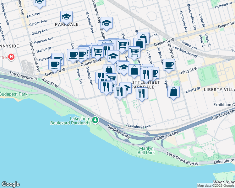 map of restaurants, bars, coffee shops, grocery stores, and more near 145 Jameson Avenue in Toronto