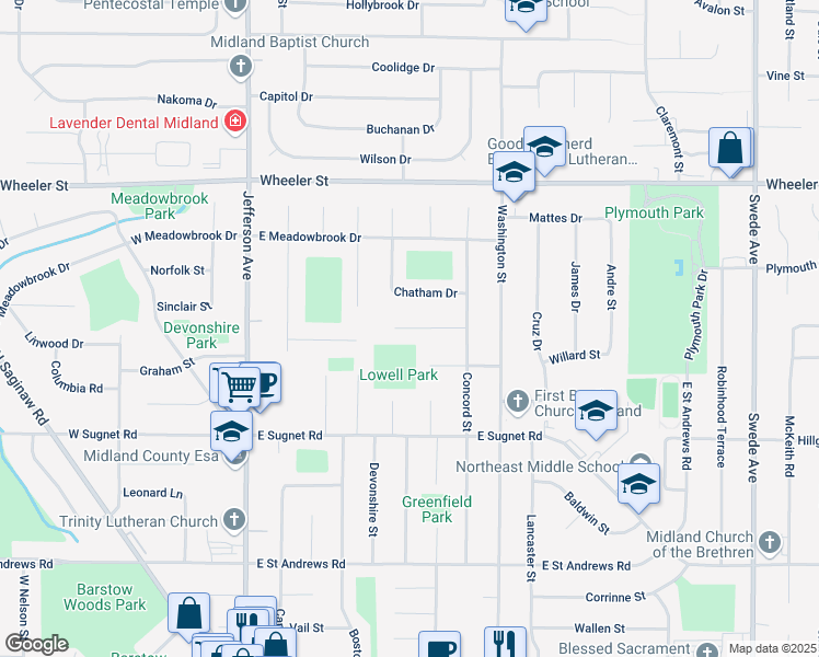 map of restaurants, bars, coffee shops, grocery stores, and more near 33 Lexington Court in Midland