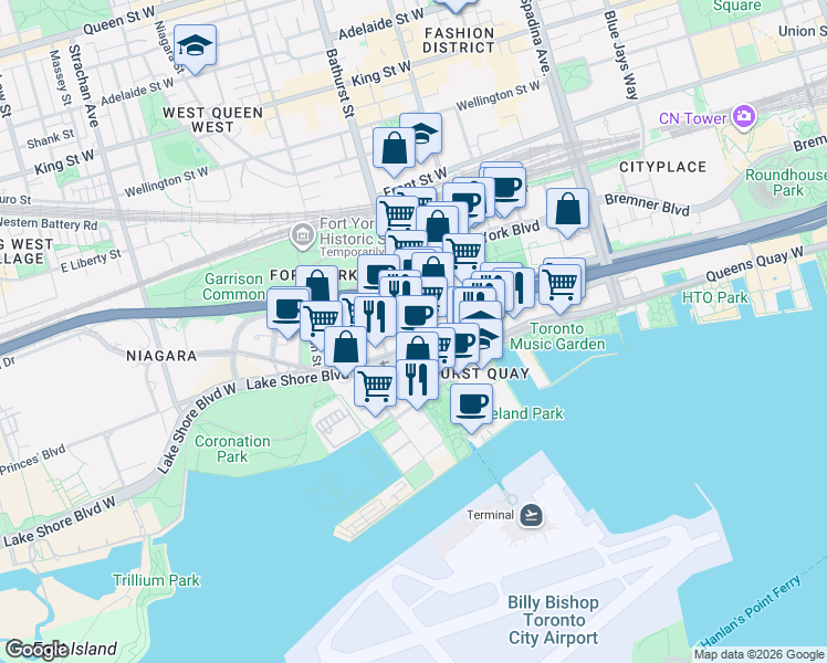 map of restaurants, bars, coffee shops, grocery stores, and more near 17 Bathurst Street in Toronto