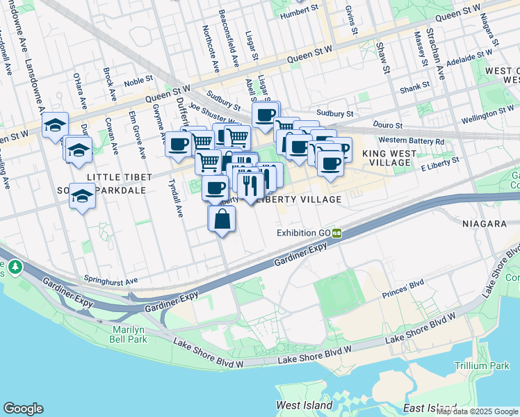 map of restaurants, bars, coffee shops, grocery stores, and more near 60A Fraser Avenue in Toronto