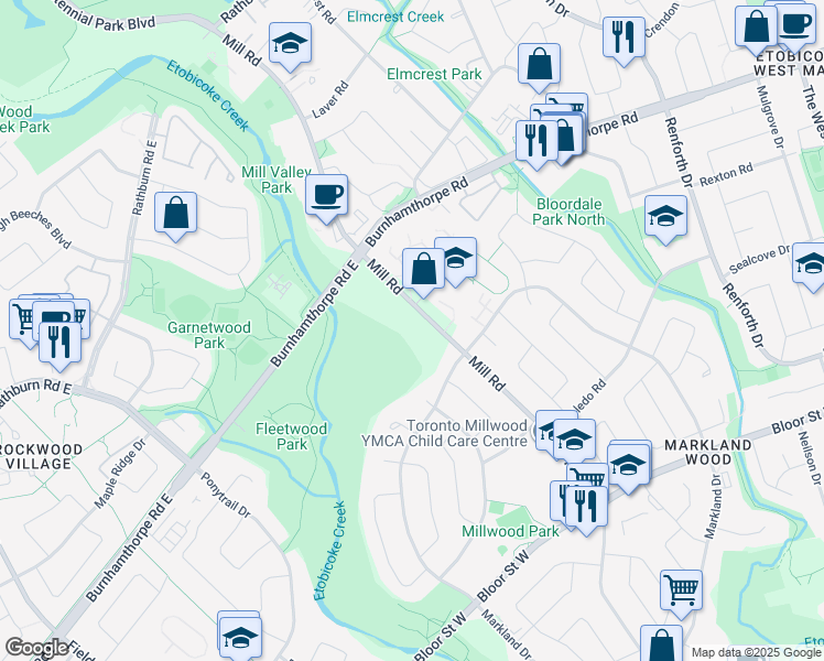 map of restaurants, bars, coffee shops, grocery stores, and more near 288 Mill Road in Toronto
