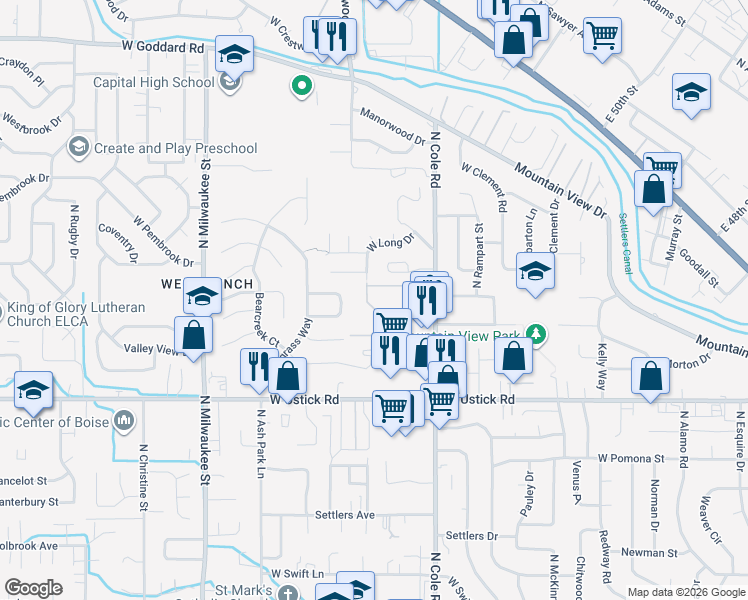 map of restaurants, bars, coffee shops, grocery stores, and more near 3525 North Cole Road in Boise
