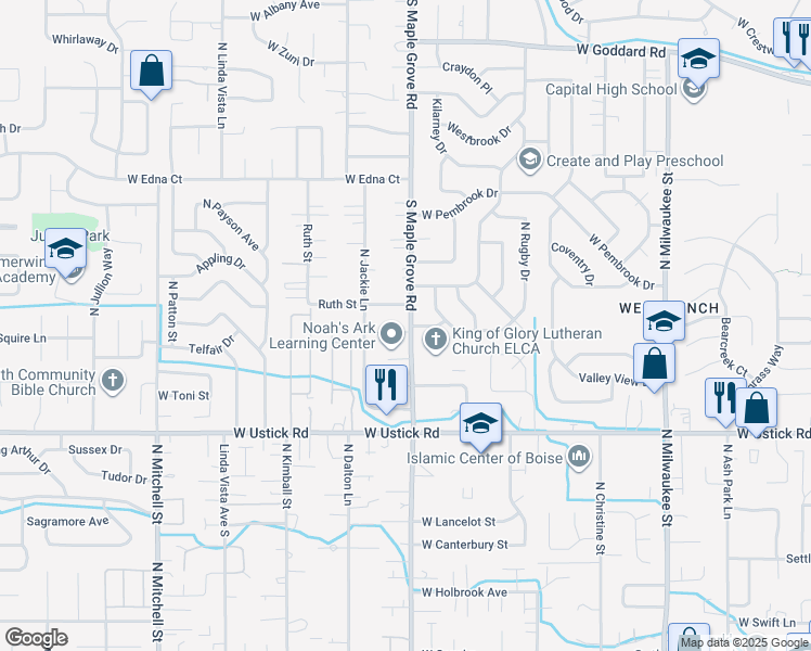 map of restaurants, bars, coffee shops, grocery stores, and more near 3457 North Maple Grove Road in Boise