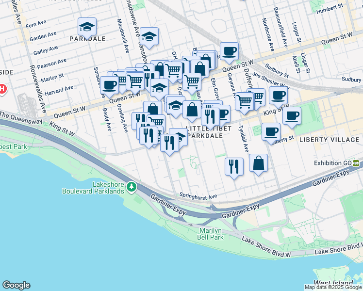 map of restaurants, bars, coffee shops, grocery stores, and more near in Toronto