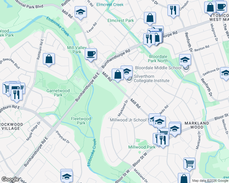 map of restaurants, bars, coffee shops, grocery stores, and more near in Toronto