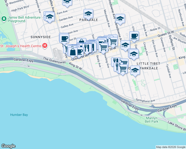 map of restaurants, bars, coffee shops, grocery stores, and more near 2 Wilson Park Road in Toronto