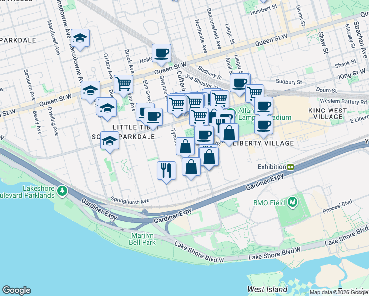 map of restaurants, bars, coffee shops, grocery stores, and more near 115 Tyndall Avenue in Toronto