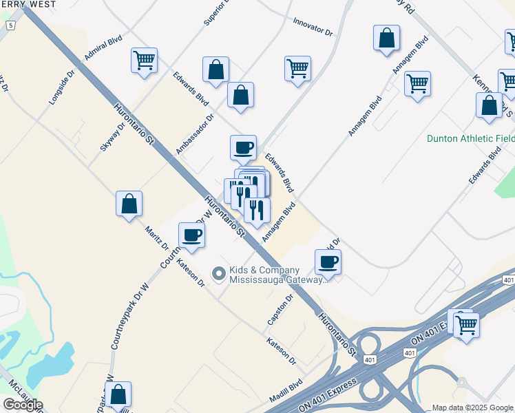 map of restaurants, bars, coffee shops, grocery stores, and more near 80 Courtneypark Drive East in Mississauga