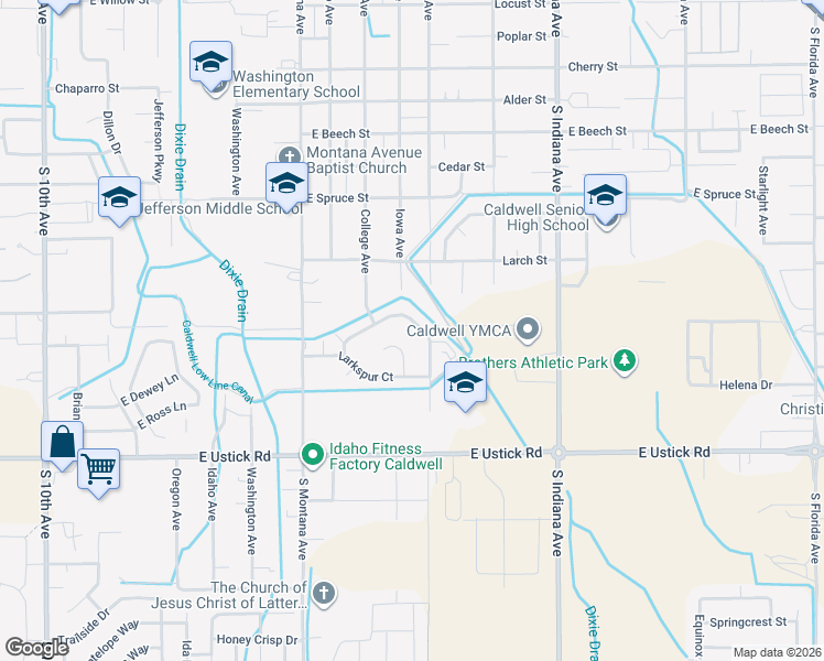 map of restaurants, bars, coffee shops, grocery stores, and more near 3706 Billings Drive in Caldwell