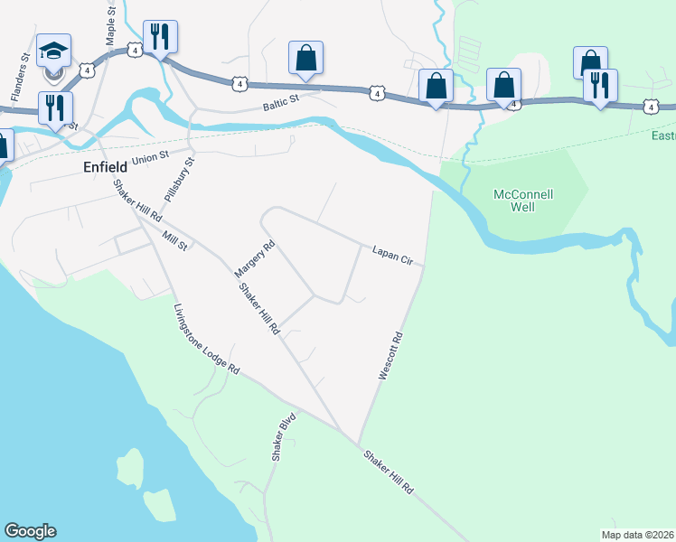 map of restaurants, bars, coffee shops, grocery stores, and more near 141 Lapan Circle in Enfield