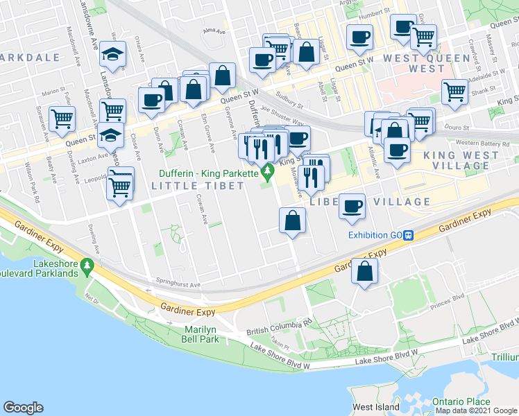 map of restaurants, bars, coffee shops, grocery stores, and more near 115 Tyndall Avenue in Toronto