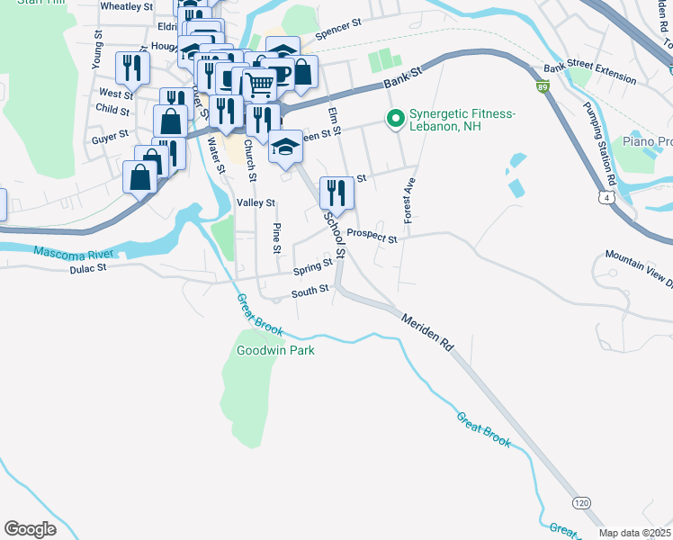 map of restaurants, bars, coffee shops, grocery stores, and more near 80 School Street in Lebanon