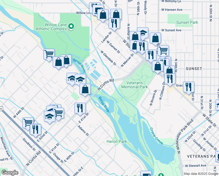 map of restaurants, bars, coffee shops, grocery stores, and more near 729 North Stilson Road in Boise