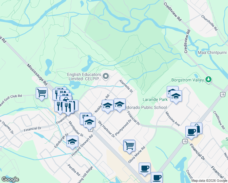 map of restaurants, bars, coffee shops, grocery stores, and more near 2 Attraction Drive in Brampton