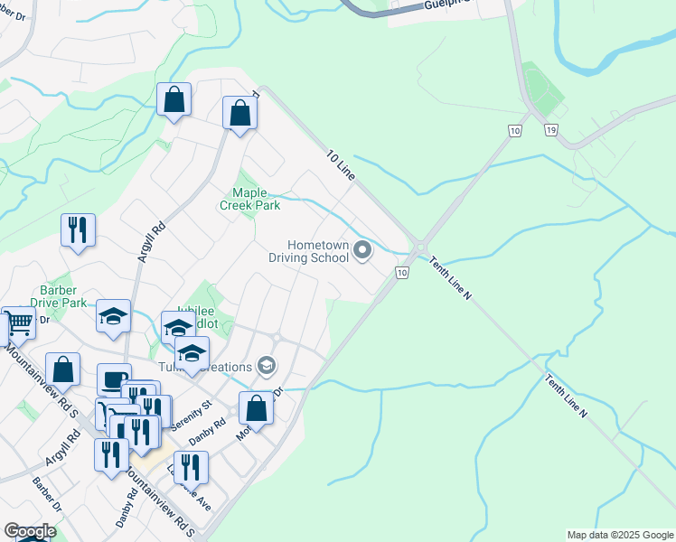 map of restaurants, bars, coffee shops, grocery stores, and more near 126 Morningside Drive in Halton Hills