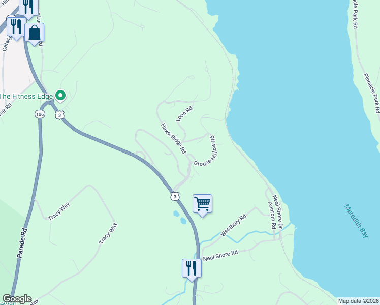 map of restaurants, bars, coffee shops, grocery stores, and more near 2 Grouse Hollow Road in Meredith