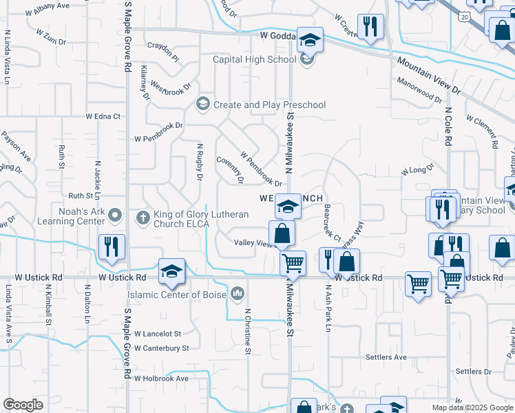 map of restaurants, bars, coffee shops, grocery stores, and more near 3555 North Milwaukee Street in Boise