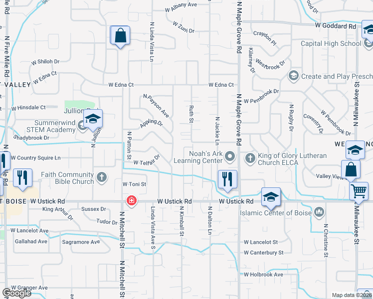 map of restaurants, bars, coffee shops, grocery stores, and more near 3460 North Pepperwood Drive in Boise
