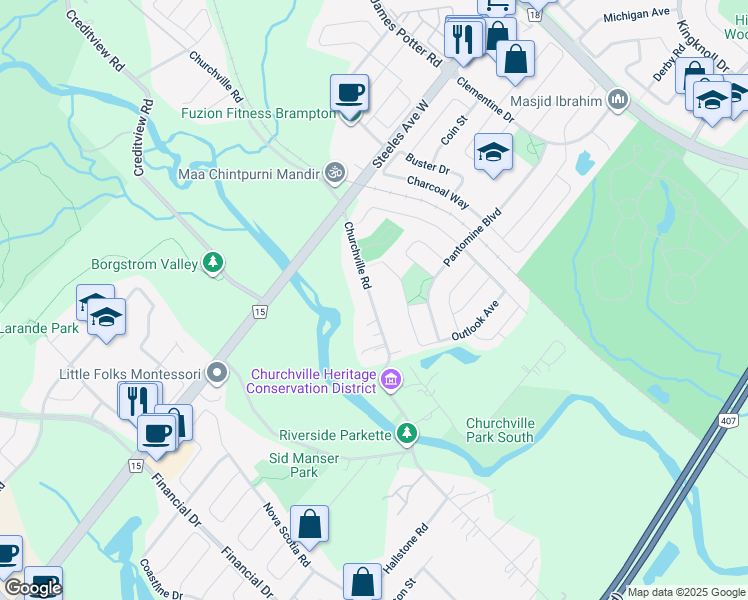map of restaurants, bars, coffee shops, grocery stores, and more near 7887 Churchville Road in Brampton