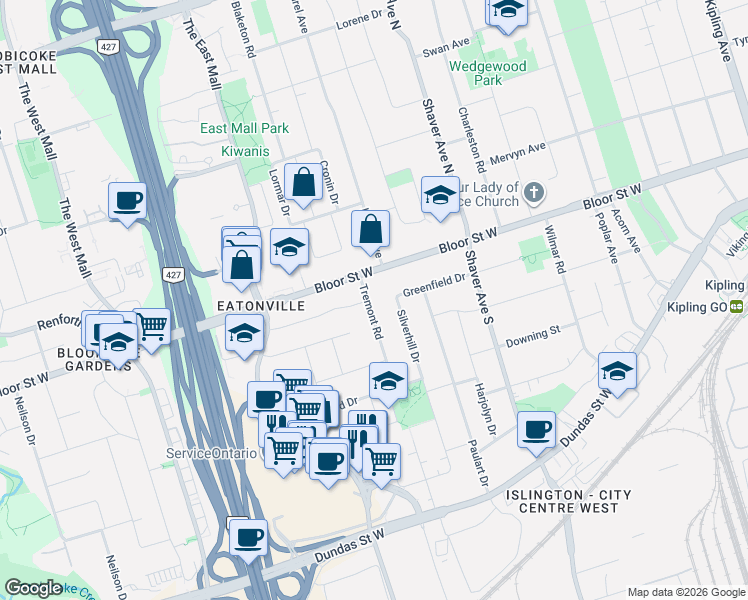 map of restaurants, bars, coffee shops, grocery stores, and more near in Toronto